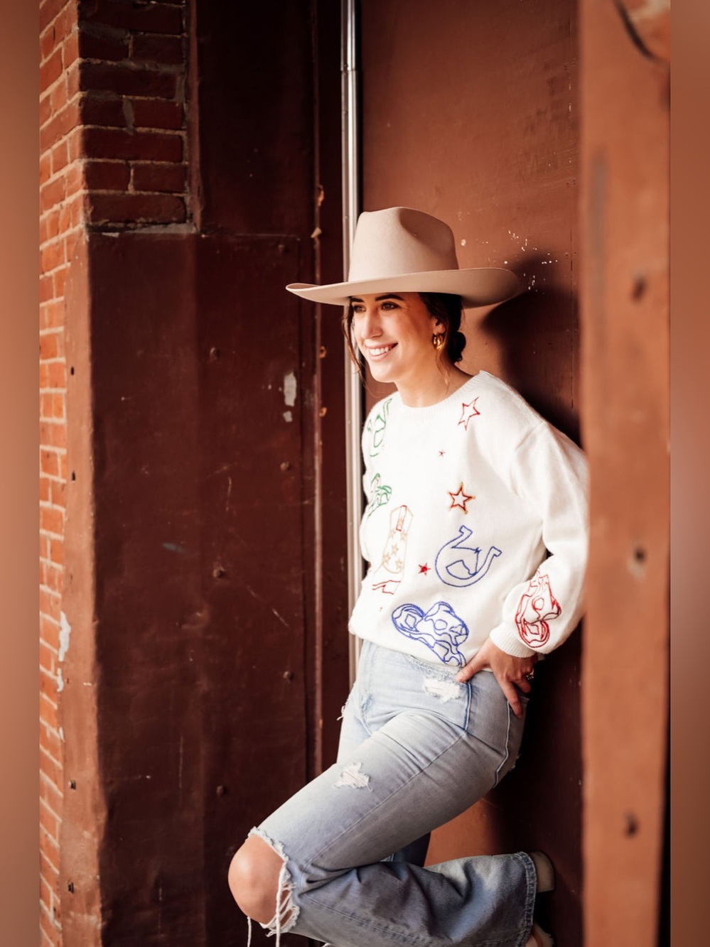 Eloise Raye Howdy Metallic Embroidered Western Cowboy Sweater Cream | Size S - Picture 3 of 13